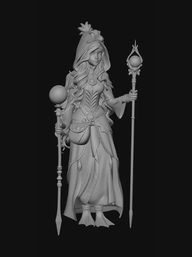3D model for High quality stylized 3D game character, full body, 360 degree model.

Character name: Ort, Duck Princess.

Cute fantasy duck-girl guardian, young adult female, stylized proportions similar to Genshin Impact, Infinity Nikki, Disney Dreamlight Valley.

Long wavy orange hair, amber eyes, fair skin, friendly face, soft anime features.

Wearing a duck-themed royal hood with a duck beak and small golden crown on top.

Elegant cream and gold dress with simple layered feather patterns, clean silhouette, not overly detailed.

Large feather cape made of stylized duck feathers, readable shape from front, side and back.

Golden belt with small duck-shaped pouch.

Duck-shaped boots with webbed feet design.

Holding a magical staff made of reeds and golden branches with a glass orb containing a small d