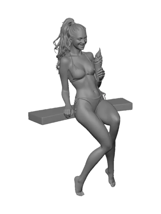 3D model for A slender young lady with wavy, long blonde hair in a high ponytail. She wears a vibrant red and white polka-dot bikini, its fabric appearing glossy. Her pose is relaxed, casually leaning against a sleek, tall table while holding a melting soft-serve vanilla ice cream cone. She exhibits fair, smooth skin and a gentle, relaxed smile, with a youthful, athletic physique.
