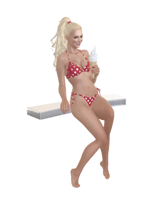 3D model for A slender young lady with wavy, long blonde hair in a high ponytail. She wears a vibrant red and white polka-dot bikini, its fabric appearing glossy. Her pose is relaxed, casually leaning against a sleek, tall table while holding a melting soft-serve vanilla ice cream cone. She exhibits fair, smooth skin and a gentle, relaxed smile, with a youthful, athletic physique.