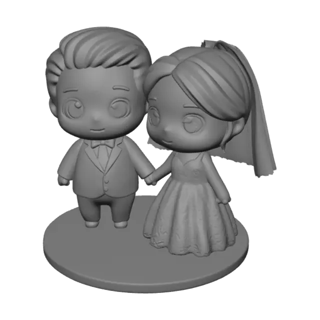 3D model for A cute chibi-style 3D wedding couple figurine, groom wearing a black tuxedo with bow tie, bride wearing a white lace wedding gown with veil, both holding hands, big expressive eyes, soft rounded proportions, glossy smooth toy-like material, pastel color palette, standing pose on a small round base, symmetrical, clean studio lighting, high detail, 3D printable, front-facing