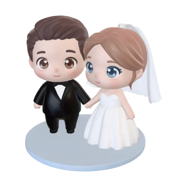 3D model for A cute chibi-style 3D wedding couple figurine, groom wearing a black tuxedo with bow tie, bride wearing a white lace wedding gown with veil, both holding hands, big expressive eyes, soft rounded proportions, glossy smooth toy-like material, pastel color palette, standing pose on a small round base, symmetrical, clean studio lighting, high detail, 3D printable, front-facing