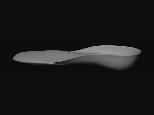 3D model for 3D printable men's dress shoe insole, EU size 42, 270mm long, 90mm
forefoot width, 60mm heel width. TPU 95A material.
TOP SURFACE: Anatomical plantar contour with 4 zones:
- Heel cup: deep concave bowl, 10mm depth, 35mm radius, rim 4mm high
- Medial arch: convex rise, peak height 16mm at 40% from heel,
steep inner edge, flat outer edge
- Metatarsal: slightly concave transverse curve, radius 70mm
- Toe: thin flat taper down to 3mm at tip, 18-degree toe taper angle
SIDE PROFILE: Heel elevated 15mm above toe, 6-degree pitch slope.
Bottom surface completely flat.
STRUCTURE: Single watertight solid body, shell 1.2mm thick,
gyroid lattice infill gradient: heel 35%, arch 60%,
metatarsal 30%, toe 18%. Cell size 2.5–5mm.
SURFACE: Fine 1mm grid texture on top for breathability.
