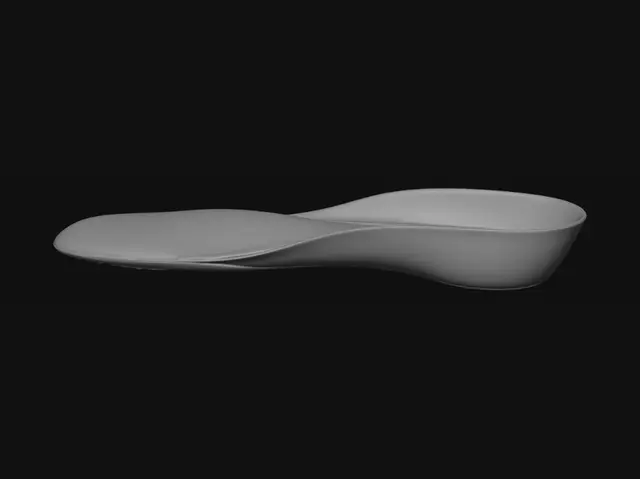 3D model for 3D printable men's dress shoe insole, EU size 42, 270mm long, 90mm
forefoot width, 60mm heel width. TPU 95A material.
TOP SURFACE: Anatomical plantar contour with 4 zones:
- Heel cup: deep concave bowl, 10mm depth, 35mm radius, rim 4mm high
- Medial arch: convex rise, peak height 16mm at 40% from heel,
steep inner edge, flat outer edge
- Metatarsal: slightly concave transverse curve, radius 70mm
- Toe: thin flat taper down to 3mm at tip, 18-degree toe taper angle
SIDE PROFILE: Heel elevated 15mm above toe, 6-degree pitch slope.
Bottom surface completely flat.
STRUCTURE: Single watertight solid body, shell 1.2mm thick,
gyroid lattice infill gradient: heel 35%, arch 60%,
metatarsal 30%, toe 18%. Cell size 2.5–5mm.
SURFACE: Fine 1mm grid texture on top for breathability.