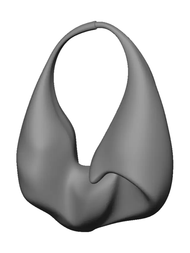 3D model for Create a modern abstract statement earring with a continuous folded ribbon shape forming three smooth flowing curves. Minimal Scandinavian and Bauhaus inspired design. Thick rounded ribbon with soft edges, matte finish, visible subtle 3D printing layer texture, balanced proportions, lightweight wearable design. Height 38 mm (1.5 inch), thickness 3 mm, single solid piece, no floating parts, no sharp edges, optimized for FDM 3D printing. Clean geometry, printable STL, premium contemporary jewelry, front view, centered on white background.