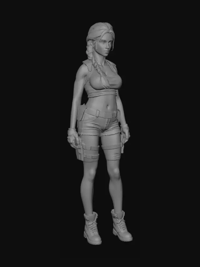 3D model for Hochdetailliertes 3D-Charaktermodell Lara croft, Realistische Proportionen, athletische und sportliche Figur, selbstbewusste Pose, neutraler Gesichtsausdruck. Langer geflochtener Zopf, detaillierte Gesichtszüge, hochwertige Hautdetails

sehr kurze, eng anliegende Outdoor-Shorts mit sichtbaren Nähten, Gürtelschlaufen und Stoffstruktur. Enges, bauchfreies Top mit dünnen Spaghettiträgern, realistischer Stoffspannung und feinen Falten. Das Top liegt eng am Körper an und zeigt deutliche Konturen darunter. Abenteuerausrüstung mit Gürtel, Holstern, Handschuhen und robusten Stiefeln.

ultra-hochauflösendes 3D-Mesh, saubere Topologie, drucktaugliche Geometrie, hohe Detaildichte für Filament Druck, scharfe Oberflächendetails, keine offenen Kanten, optimiert für STL-Export.

Sexy Pose