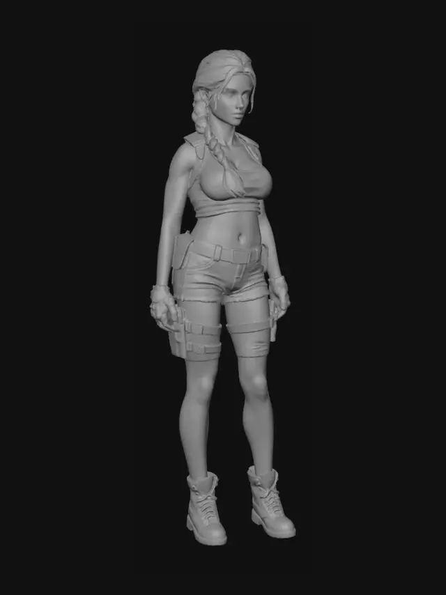 3D model for Hochdetailliertes 3D-Charaktermodell Lara croft, Realistische Proportionen, athletische und sportliche Figur, selbstbewusste Pose, neutraler Gesichtsausdruck. Langer geflochtener Zopf, detaillierte Gesichtszüge, hochwertige Hautdetails

sehr kurze, eng anliegende Outdoor-Shorts mit sichtbaren Nähten, Gürtelschlaufen und Stoffstruktur. Enges, bauchfreies Top mit dünnen Spaghettiträgern, realistischer Stoffspannung und feinen Falten. Das Top liegt eng am Körper an und zeigt deutliche Konturen darunter. Abenteuerausrüstung mit Gürtel, Holstern, Handschuhen und robusten Stiefeln.

ultra-hochauflösendes 3D-Mesh, saubere Topologie, drucktaugliche Geometrie, hohe Detaildichte für Filament Druck, scharfe Oberflächendetails, keine offenen Kanten, optimiert für STL-Export.

Sexy Pose