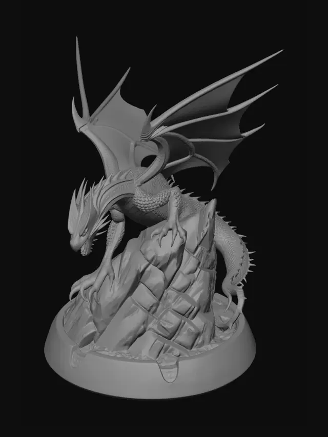 3D model for A majestic fantasy dragon with massive unfurled wings, perched proudly on top of a jagged, steep rock cliff. Highly detailed scales, menacing spikes along the spine, sharp claws gripping the stone. Cinematic pose, fantasy miniature style, clean manifold mesh optimized for 3D printing, 3D statue aesthetic.