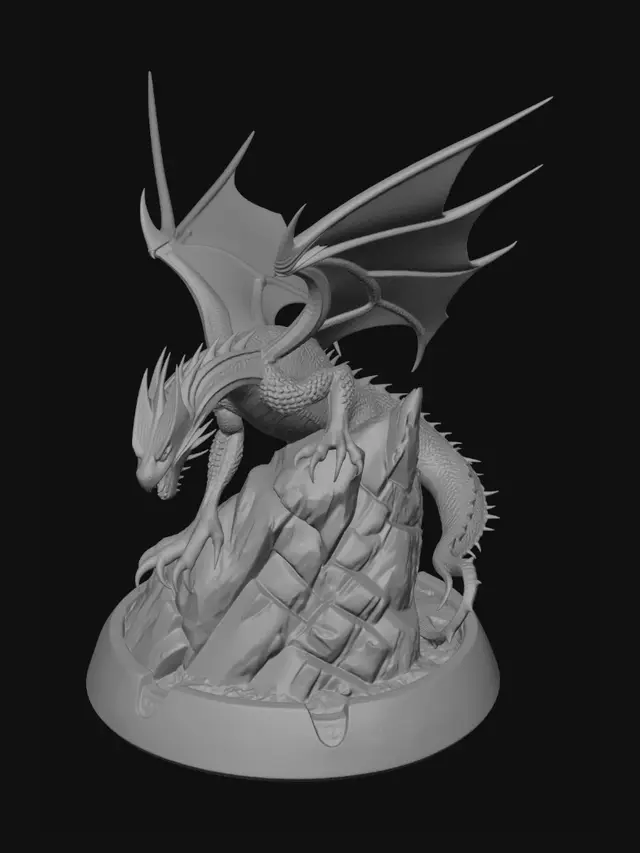 3D model for A majestic fantasy dragon with massive unfurled wings, perched proudly on top of a jagged, steep rock cliff. Highly detailed scales, menacing spikes along the spine, sharp claws gripping the stone. Cinematic pose, fantasy miniature style, clean manifold mesh optimized for 3D printing, 3D statue aesthetic.