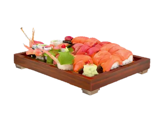 Exquisite sushi platter #food#, assorted nigiri with salmon, tuna, and shrimp,… 3D model, vytvořený pomocí AI