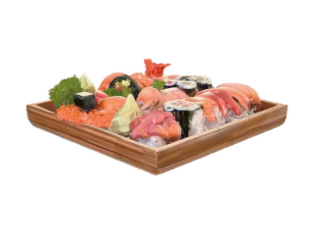 Exquisite sushi platter #food#, assorted nigiri with salmon, tuna, and shrimp,… 3D model, vytvořený pomocí AI