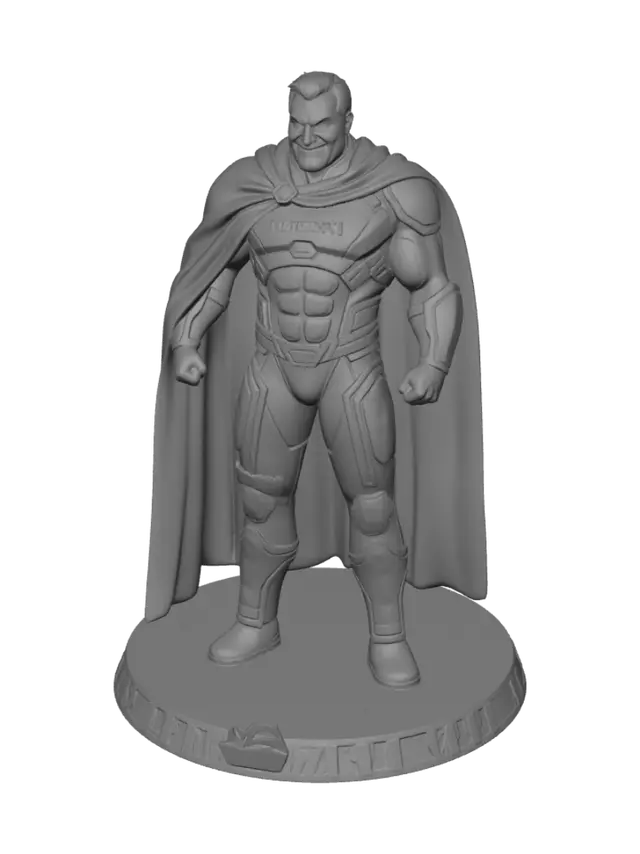 3D model for Superbenzin aus dem Foto machen , der furzmann , rot braunes Cape, sehr muskulös, im steal von Supermarkt