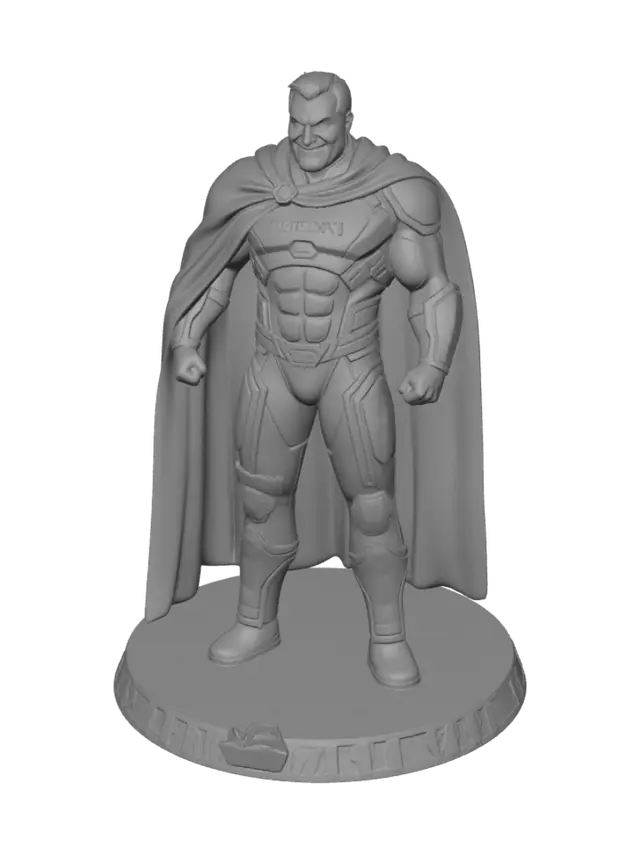 3D model for Superbenzin aus dem Foto machen , der furzmann , rot braunes Cape, sehr muskulös, im steal von Supermarkt
