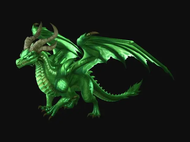 3D model for A highly detailed 3D model of a majestic green dragon in a stylized Blizzard-inspired art style, reminiscent of the Green Dragonflight from World of Warcraft. The dragon has sleek, elegant features with smooth yet powerful anatomy, glowing emerald scales, and softly luminous eyes radiating ancient wisdom. Its wings are broad and leaf-like, with subtle magical translucency. The background depicts the Emerald Dream: a surreal, vibrant forest realm filled with oversized flora, glowing plants, drifting spores, and ethereal green light. Cinematic composition, high-poly sculpt, rich textures, and soft magical lighting, optimized for Nano Banana Pro rendering.