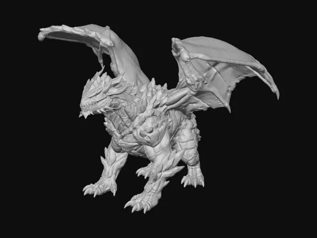 3D model for A formidable Black Dragonflight brute, crafted as a high-detail 3D model. Its colossal frame is covered in jagged, obsidian-black scales with a rough, volcanic rock-like texture. The underbelly shows hints of molten orange and deep crimson. Massive, heavily muscled limbs support its bulk, and its wings are thick, leathery, and formidable. Sharp, irregular spikes protrude, emphasizing its destructive earth-bound power.