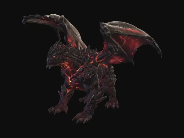3D model for A formidable Black Dragonflight brute, crafted as a high-detail 3D model. Its colossal frame is covered in jagged, obsidian-black scales with a rough, volcanic rock-like texture. The underbelly shows hints of molten orange and deep crimson. Massive, heavily muscled limbs support its bulk, and its wings are thick, leathery, and formidable. Sharp, irregular spikes protrude, emphasizing its destructive earth-bound power.
