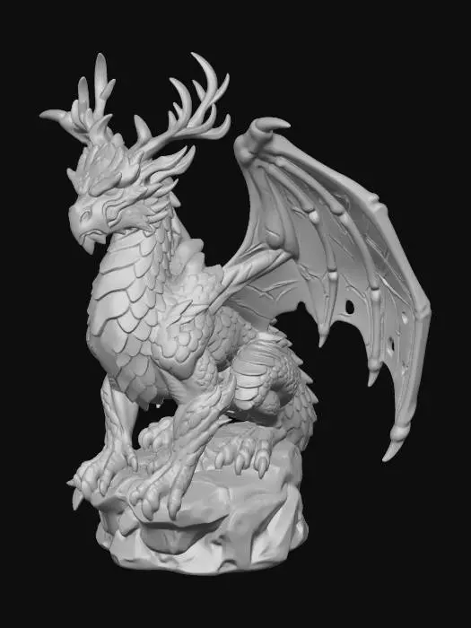 3D model for A serene Green Dragonflight ancient, designed for a 3D printable miniature. Its body is covered in verdant emerald to moss-green scales, blending seamlessly with an organic, leathery texture. Hints of amber and earthy brown appear on its flexible, bat-like wings which feature subtle leaf-vein patterns. Antler-like growths adorn its head, and its expression is wise and ancient, connected to the natural world.