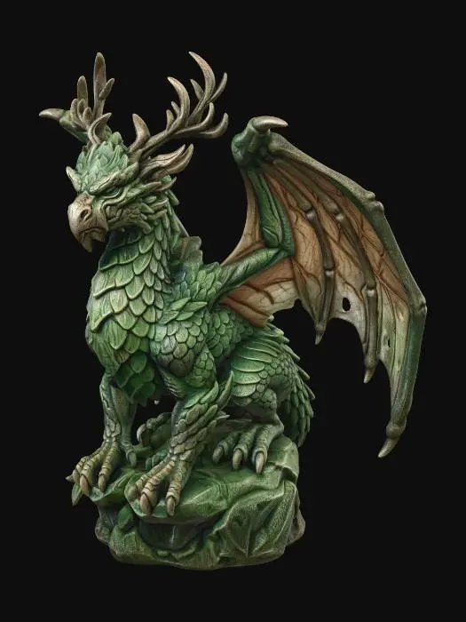 3D model for A serene Green Dragonflight ancient, designed for a 3D printable miniature. Its body is covered in verdant emerald to moss-green scales, blending seamlessly with an organic, leathery texture. Hints of amber and earthy brown appear on its flexible, bat-like wings which feature subtle leaf-vein patterns. Antler-like growths adorn its head, and its expression is wise and ancient, connected to the natural world.