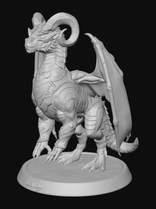 3D model for A stoic Bronze Dragonflight sentinel, sculpted as a detailed 3D model. Its scales are burnished bronze, smooth and metallic, with a subtly aged patina and sandy undertones on its belly. The structure is powerful and imposing, with broad, leathery wings. Intricate, clockwork-like patterns are subtly etched across its scales, and its horns are solid and ancient, embodying the flow of time.