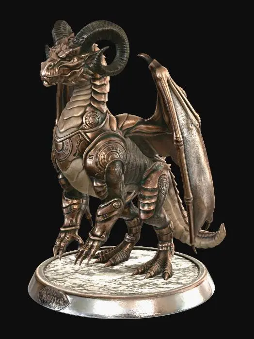 3D model for A stoic Bronze Dragonflight sentinel, sculpted as a detailed 3D model. Its scales are burnished bronze, smooth and metallic, with a subtly aged patina and sandy undertones on its belly. The structure is powerful and imposing, with broad, leathery wings. Intricate, clockwork-like patterns are subtly etched across its scales, and its horns are solid and ancient, embodying the flow of time.