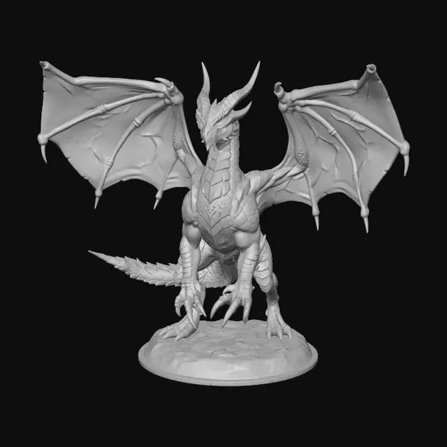 3D model for A majestic Red Dragonflight leader, crafted as a highly detailed 3D model. Its body boasts vibrant, overlapping crimson scales with a subtle fiery sheen and a robust, muscular structure. The underbelly is a contrasting golden-beige. Powerful, leathery wings spread wide, showcasing intricate membrane textures. Its head features regal, pointed horns and a wise, yet fierce expression, reflecting its connection to life.