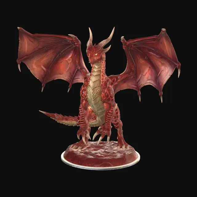 3D model for A majestic Red Dragonflight leader, crafted as a highly detailed 3D model. Its body boasts vibrant, overlapping crimson scales with a subtle fiery sheen and a robust, muscular structure. The underbelly is a contrasting golden-beige. Powerful, leathery wings spread wide, showcasing intricate membrane textures. Its head features regal, pointed horns and a wise, yet fierce expression, reflecting its connection to life.