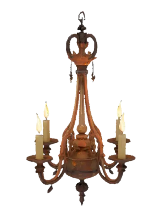 Crypt ceiling pendant with glowing candles, vintage and rusty 3D model, vytvořený pomocí AI