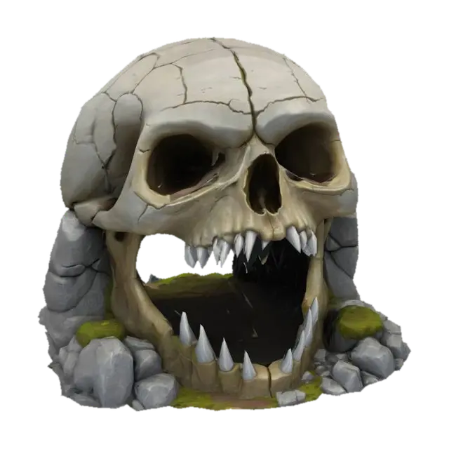 Modèle 3D skull shaped stone cavern entry, wide open. fantasy, RPG, realist cartoon, généré par IA