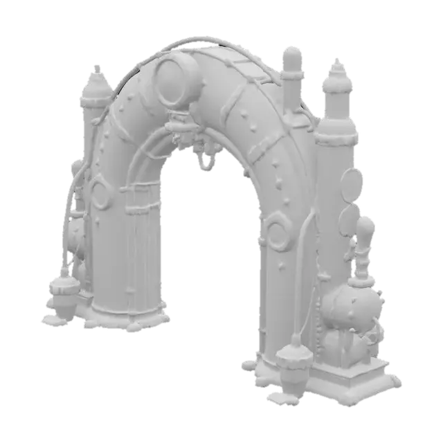 3D model for #arch#, monumental Steampunk Metallic Arch with a robust, visible framework of riveted steel beams, evoking industrial grandeur and Victorian elegance. Utilize a rich palette of aged brass, darkened steel, and polished copper, complemented by distressed leather and reinforced glass, all featuring a varied, aged patina. Integrate dynamic piping, exposed gears, brass-rimmed gauges, and warm Edison bulb lighting, suggesting complex internal mechanisms and the flow of mysterious energy. Include intricate vents, exhausts, and control panels to enhance its functional, active feel, telling a story of ingenious alternate-past engineering.