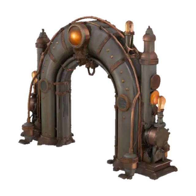 3D model for #arch#, monumental Steampunk Metallic Arch with a robust, visible framework of riveted steel beams, evoking industrial grandeur and Victorian elegance. Utilize a rich palette of aged brass, darkened steel, and polished copper, complemented by distressed leather and reinforced glass, all featuring a varied, aged patina. Integrate dynamic piping, exposed gears, brass-rimmed gauges, and warm Edison bulb lighting, suggesting complex internal mechanisms and the flow of mysterious energy. Include intricate vents, exhausts, and control panels to enhance its functional, active feel, telling a story of ingenious alternate-past engineering.