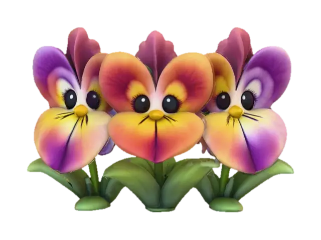 A trio of talking chibi flowers (pansies) alice in wonderland stylized cartoonish… 3D model, vytvořený pomocí AI