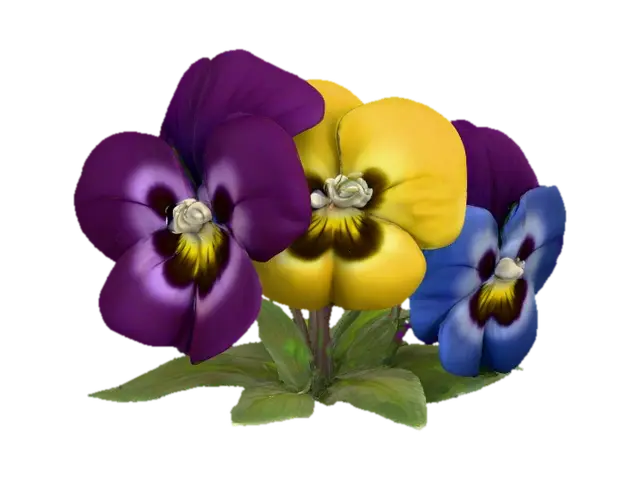 A trio of talking chibi flowers (pansies) alice in wonderland stylized cartoonish… 3D model, vytvořený pomocí AI