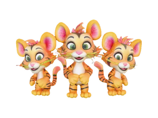A whimsical fantasy a trio of talking chibi flowers (tiger lilies) alice in… 3D model, vytvořený pomocí AI