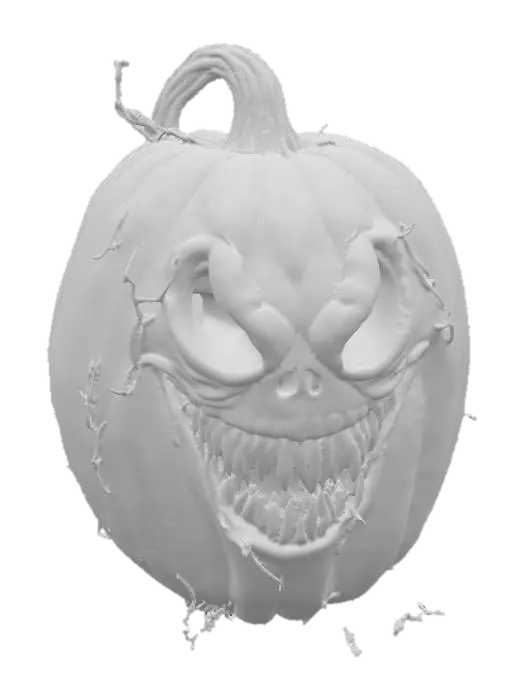 3D model for #PBR#, Create a detailed 3D menacing Halloween pumpkin. The pumpkin should have a large, twisted grin carved into its face, with jagged, uneven edges. Its hollow eyes should glow with an eerie, dim orange light, casting ominous shadows around it. The pumpkin’s surface should have a rough, aged texture, with deep wrinkles and cracks that reveal the hollow insides. Dark, curling vines should extend from the stem, adding to the gnarled appearance. The overall look should be dark and foreboding, as if the pumpkin has been sitting forgotten in a haunted pumpkin patch for years. Add subtle  shadows around the base for extra atmosphere., #PBR#