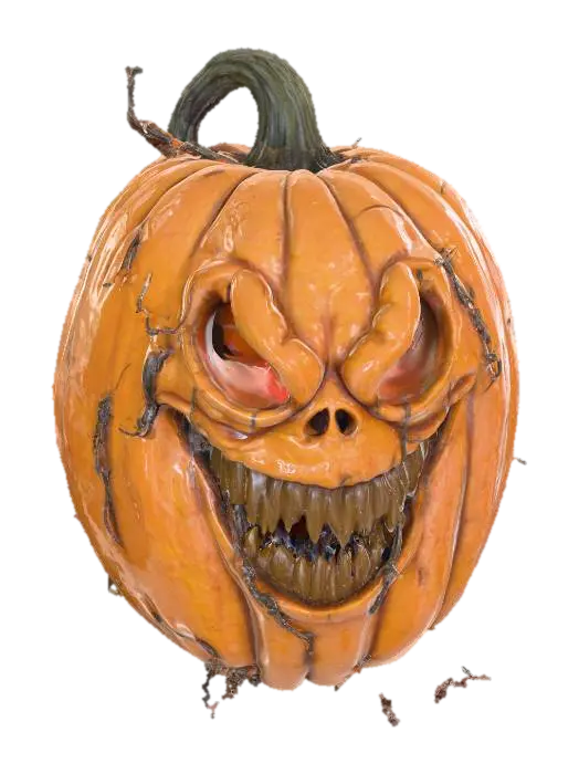 3D model for #PBR#, Create a detailed 3D menacing Halloween pumpkin. The pumpkin should have a large, twisted grin carved into its face, with jagged, uneven edges. Its hollow eyes should glow with an eerie, dim orange light, casting ominous shadows around it. The pumpkin’s surface should have a rough, aged texture, with deep wrinkles and cracks that reveal the hollow insides. Dark, curling vines should extend from the stem, adding to the gnarled appearance. The overall look should be dark and foreboding, as if the pumpkin has been sitting forgotten in a haunted pumpkin patch for years. Add subtle  shadows around the base for extra atmosphere., #PBR#