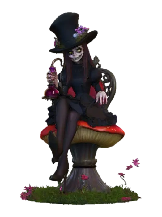 #PBR#, An evil creepy Alice with clear facial features sits on a mushroom chair with… 3D model, vytvořený pomocí AI