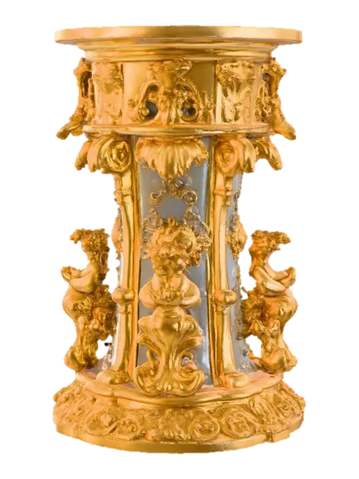 Victorian Extravagant elaborately embossed golden pedestal inside and out. Highly… - Cherubs 3D model, vytvořený pomocí AI