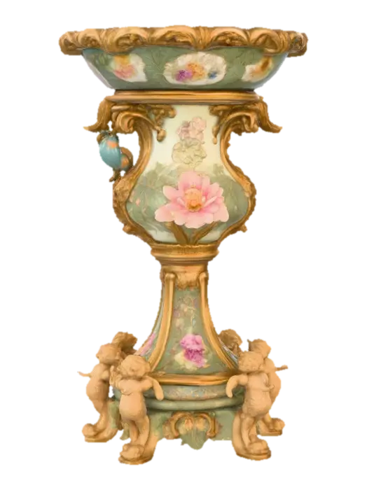 An elaborately designed pestal with a small bowl shapped base on top. The pedestal… - Cherubs 3D model, vytvořený pomocí AI