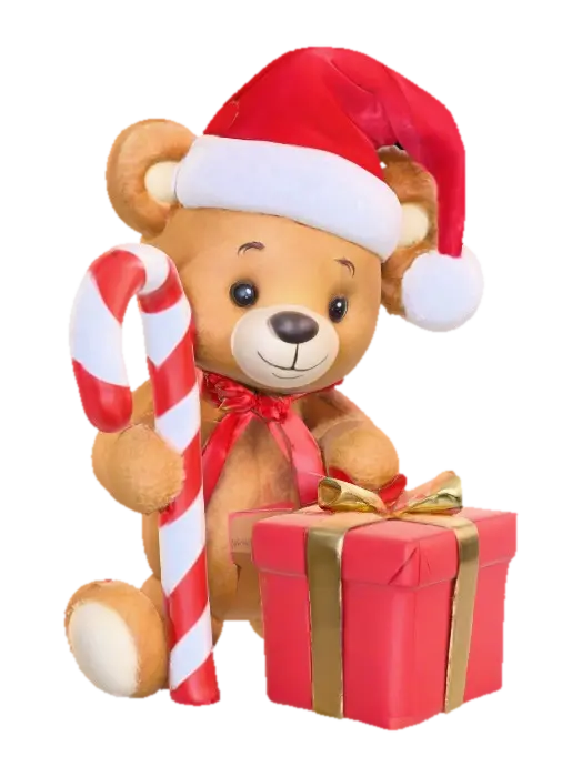 Cute Teddy bear wearing Santa hat, holding a large candycane, next to gift… 3D model, vytvořený pomocí AI