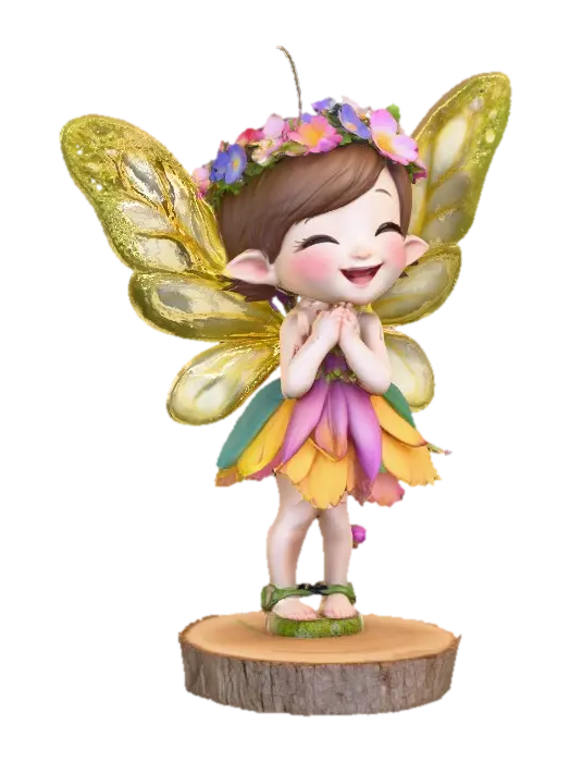 An adorable chibi cartoonish fairy sprite wearing a crown of tiny flowers.… - Laughing 3D model, vytvořený pomocí AI