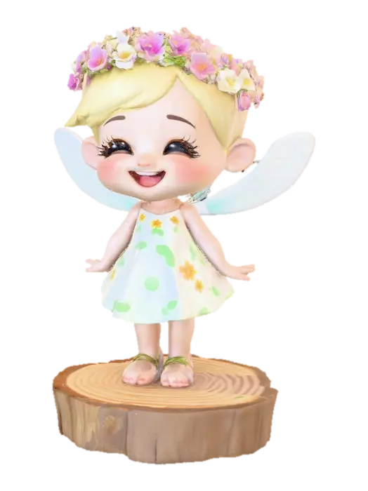 An adorable chibi cartoonish fairy sprite wearing a crown of tiny flowers.… - Laughing 3D model, vytvořený pomocí AI
