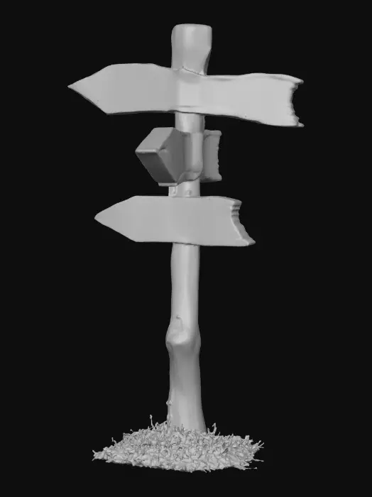 3D model for A stylized wooden signpost from a dark Alice in wonderland fantasy.
Crooked post, cracked boards shapped like arrows with Readable text "this way", "down", & "up" hand-crafted look.
Each arrow is fastened to alternate sides. Stylized 3D environment prop for a fantasy game.
