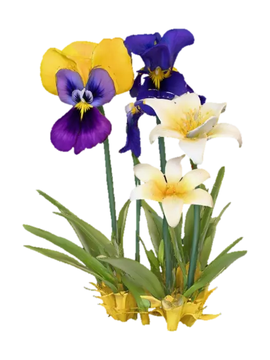 A trio of talking flowers (pansy, iris, and lily) alice in wonderland stylized… 3D model, vytvořený pomocí AI