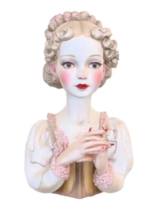 A vintage porcelain doll bust with arms and hands, Delicate hands with red lacquered… - Updo 3D model, vytvořený pomocí AI