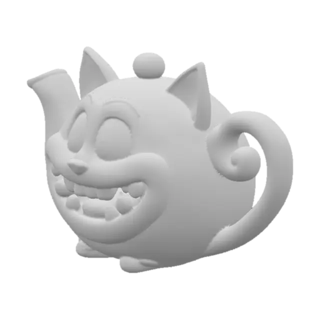 3D model for A cheshire shapped teapot. Pink purple and turquoise. Centered on a white background