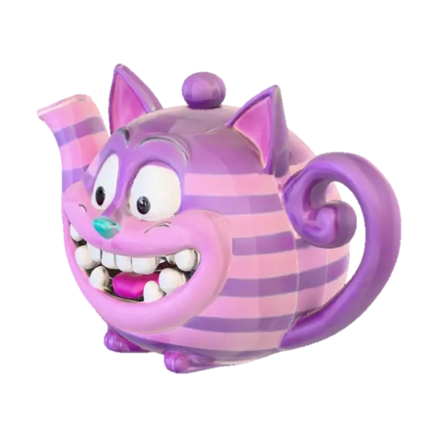 3D model for A cheshire shapped teapot. Pink purple and turquoise. Centered on a white background
