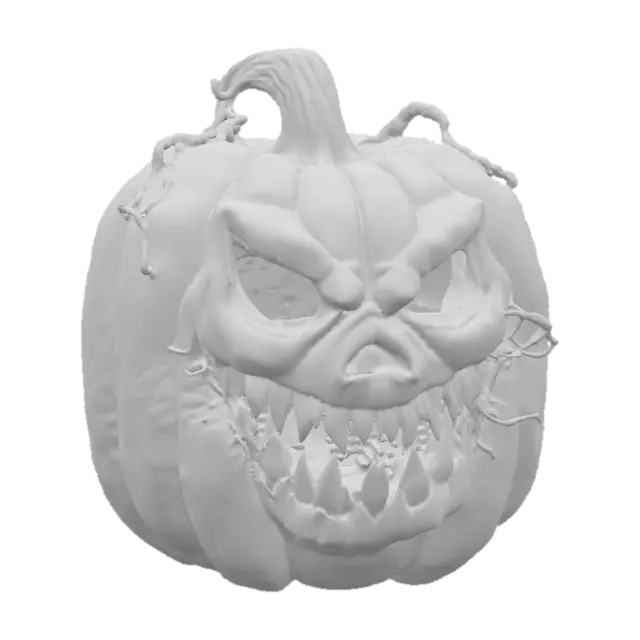 3D model for #PBR#, Create a detailed 3D menacing Halloween pumpkin. The pumpkin should have a large, twisted grin carved into its face, with jagged, uneven edges. Its hollow eyes should glow with an eerie, dim orange light, casting ominous shadows around it. The pumpkin’s surface should have a rough, aged texture, with deep wrinkles and cracks that reveal the hollow insides. Dark, curling vines should extend from the stem, adding to the gnarled appearance. The overall look should be dark and foreboding, as if the pumpkin has been sitting forgotten in a haunted pumpkin patch for years. Add subtle  shadows around the base for extra atmosphere., #PBR#