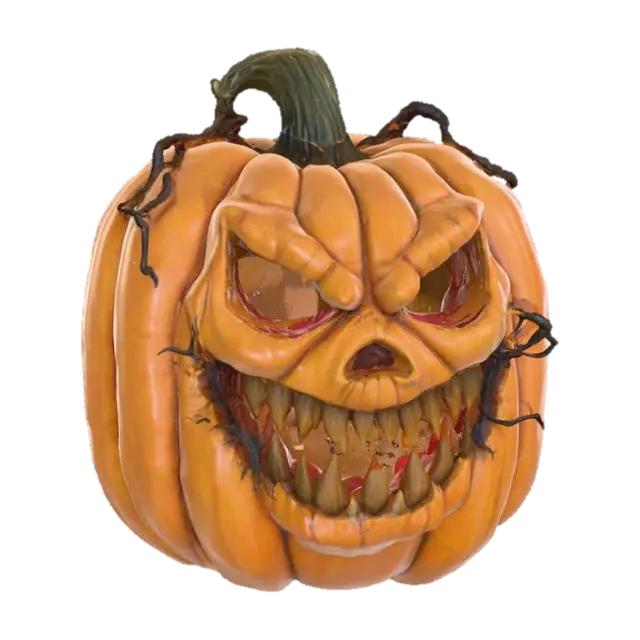 3D model for #PBR#, Create a detailed 3D menacing Halloween pumpkin. The pumpkin should have a large, twisted grin carved into its face, with jagged, uneven edges. Its hollow eyes should glow with an eerie, dim orange light, casting ominous shadows around it. The pumpkin’s surface should have a rough, aged texture, with deep wrinkles and cracks that reveal the hollow insides. Dark, curling vines should extend from the stem, adding to the gnarled appearance. The overall look should be dark and foreboding, as if the pumpkin has been sitting forgotten in a haunted pumpkin patch for years. Add subtle  shadows around the base for extra atmosphere., #PBR#