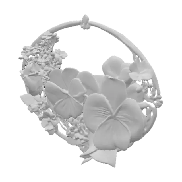 3D model for #PBR#, 3d colorful pansy flowers in purples, pinks, and blues are surrounded by an ornamental ivory and gold colored oval art nuevo style frame.  Add in some 3d forget-me-not flowers. paper cut style, #PBR#