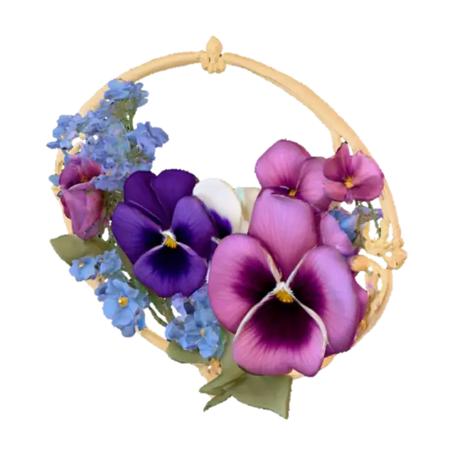 3D model for #PBR#, 3d colorful pansy flowers in purples, pinks, and blues are surrounded by an ornamental ivory and gold colored oval art nuevo style frame.  Add in some 3d forget-me-not flowers. paper cut style, #PBR#