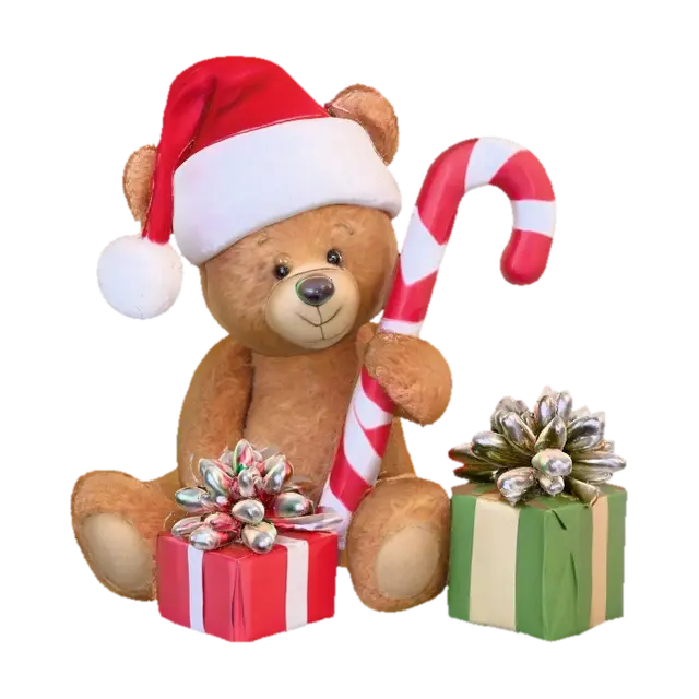 Cute Teddy bear wearing Santa hat, holding a large candycane, next to gift… 3D model, vytvořený pomocí AI